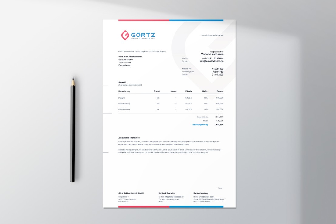 Briefpapier Design und Druck für Görtz Gebäudetechnik - Heizung, Klima & Sanitär