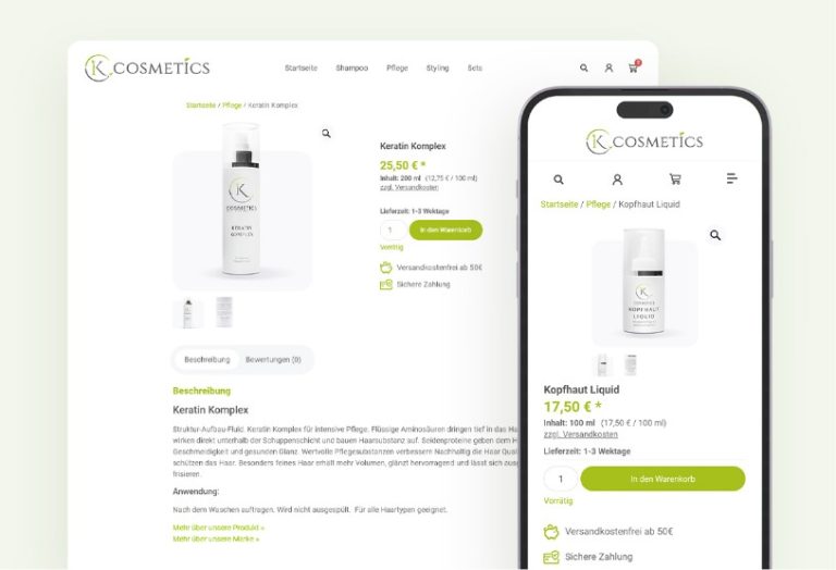 Produktseite Onlineshop Entwicklung für Haarpflegemarke IK Cosmetics