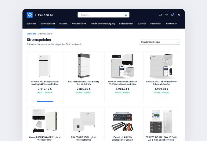 Produktkategorien Entwicklung Onlineshop Solarshop