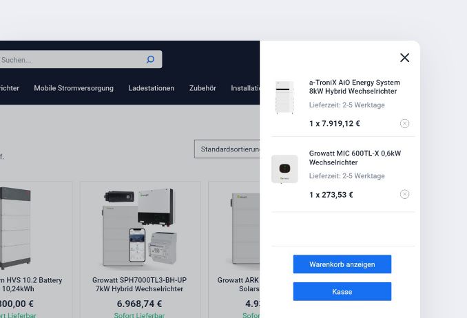 Mini Warenkorb Entwicklung Onlineshop Solarshop